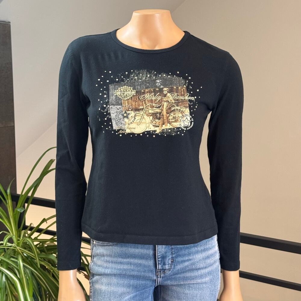 Vintage 2003 Harley Davidson Womens M Black Long Sleeve Shirt Graphic Rhinestone